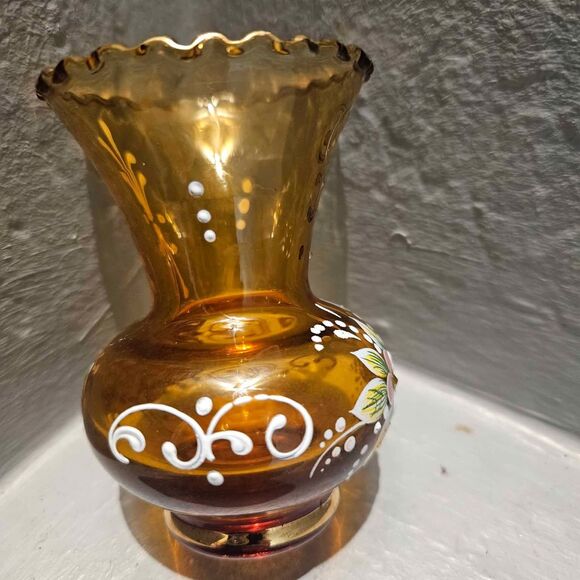 Bohemian Hand Blown Hand Painted Gold Rimmed Amber 3.5" Vase - Picture 8 of 10